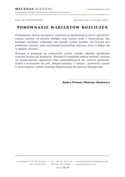 Przykładowa strona porównania wariantów rozliczeń