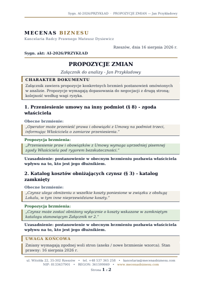 Przykładowa strona propozycji zmian umownych