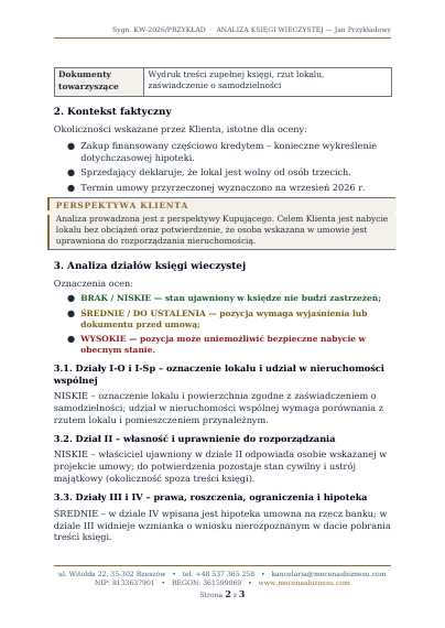 Przykładowa strona z oceną działów księgi wieczystej