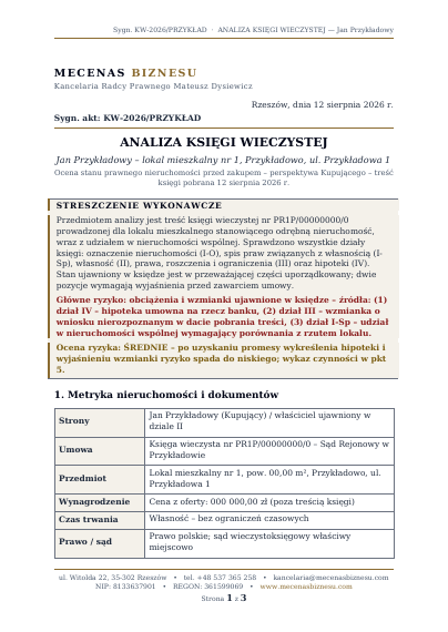 Przykładowa pierwsza strona raportu z analizy księgi wieczystej