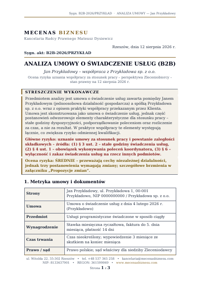Przykładowa pierwsza strona analizy umowy B2B z oceną ryzyka