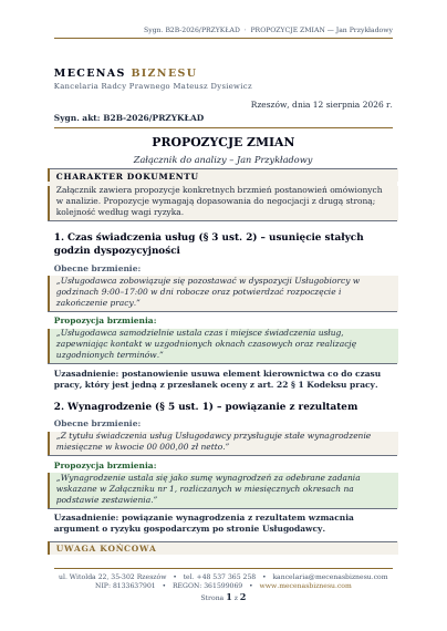 Przykładowa strona propozycji zmian umownych do umowy B2B