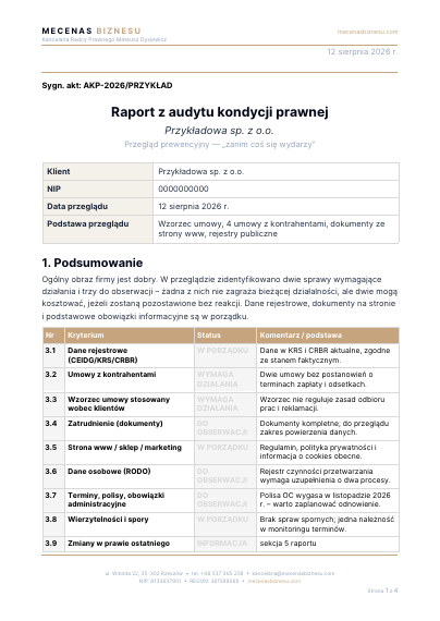 Przykładowa pierwsza strona raportu z audytu kondycji prawnej