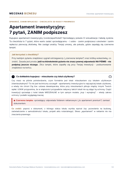Podgląd PDF — pierwsza strona checklisty apartamentu inwestycyjnego