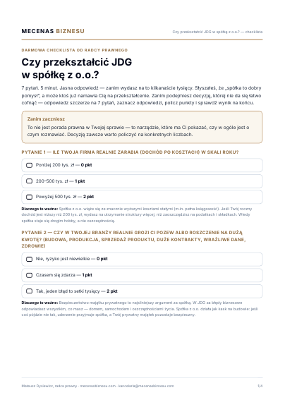 Podgląd PDF — pierwsza strona checklisty JDG czy spółka
