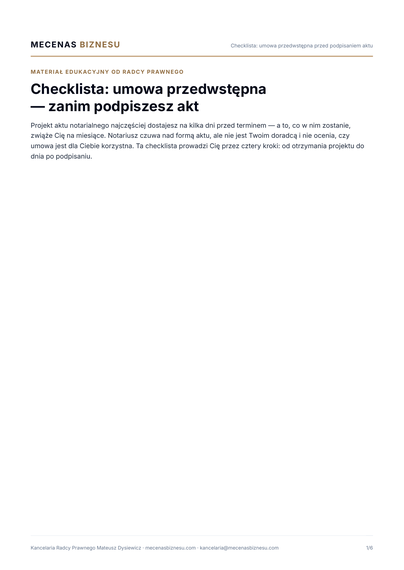 Podgląd PDF — pierwsza strona checklisty umowy przedwstępnej