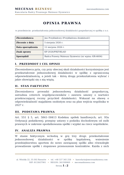 Przykładowa pierwsza strona pisemnej odpowiedzi radcy prawnego