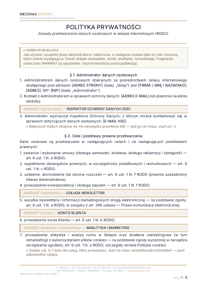 Przykładowa pierwsza strona wzoru polityki prywatności