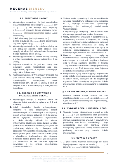 Przykładowa strona wzoru umowy najmu lokalu mieszkalnego z postanowieniami umownymi